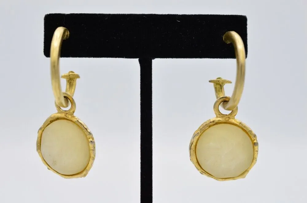 Vintage Cabochon Earrings Brushed Gold Dangle Frosted Milky Bead 1980s BinAA